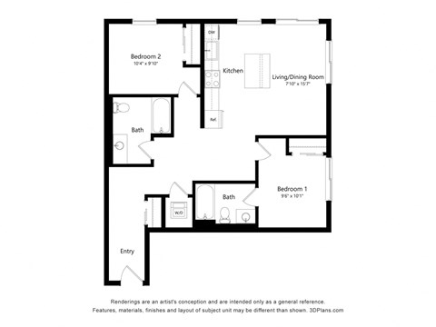 Floor plan for 2 beds, 2 baths, 970 sqft